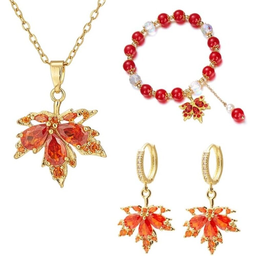 3 Pairs Gold Maple Leaf Bracelet Earrings Pendent Necklaces Set for Women Fall M